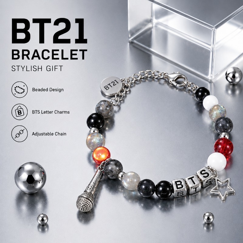 Jewelry Making Parts - Gelang Manik-manik Hitam Merah BT21, Aksesoris
